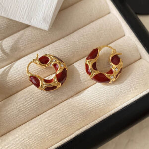 Enamel Red Color Metal Texture Small Hoop Earrings