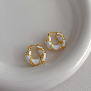 Enamel White Color Metal Texture Small Hoop Earrings