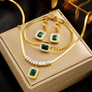 18 K Gold Plating Green Diamond Stainless Steel Necklace Earring Set