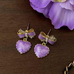 Purple Bowknot Heart Shaped Retro Vintage Design Stud Earrings